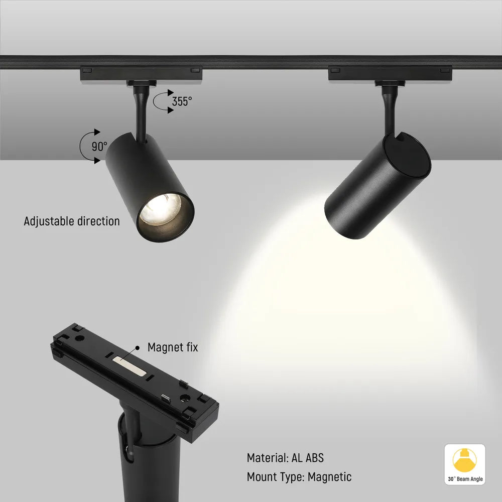 Close shot of the LED Cylinder Magnetic Rotatable Track Light 12W 48V Black 4000K(TEKLED)-169-03101-169-03101