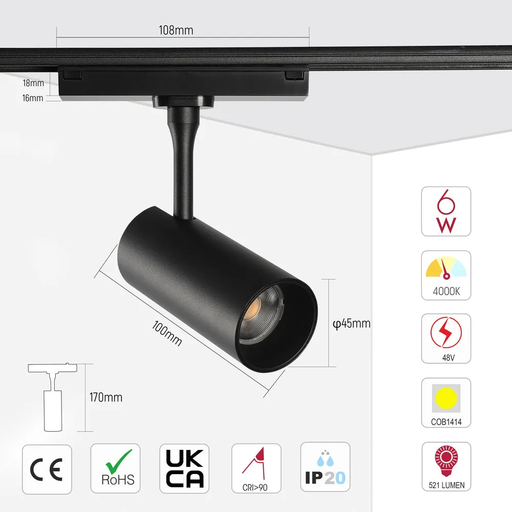 Size and technical specs of the LED Cylinder Magnetic Rotatable Track Light 6W 48V Black 4000K(TEKLED)-169-03100-169-03100