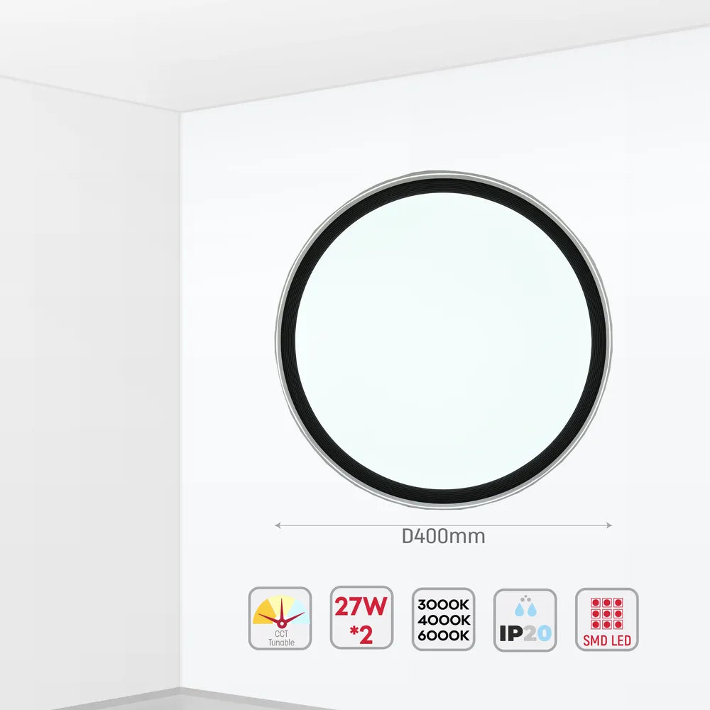 Size and technical specs of the LED Flush Ceiling Light Black D400 6000K/4000K/3000K 27Wx2(TEKLED)-165-16026