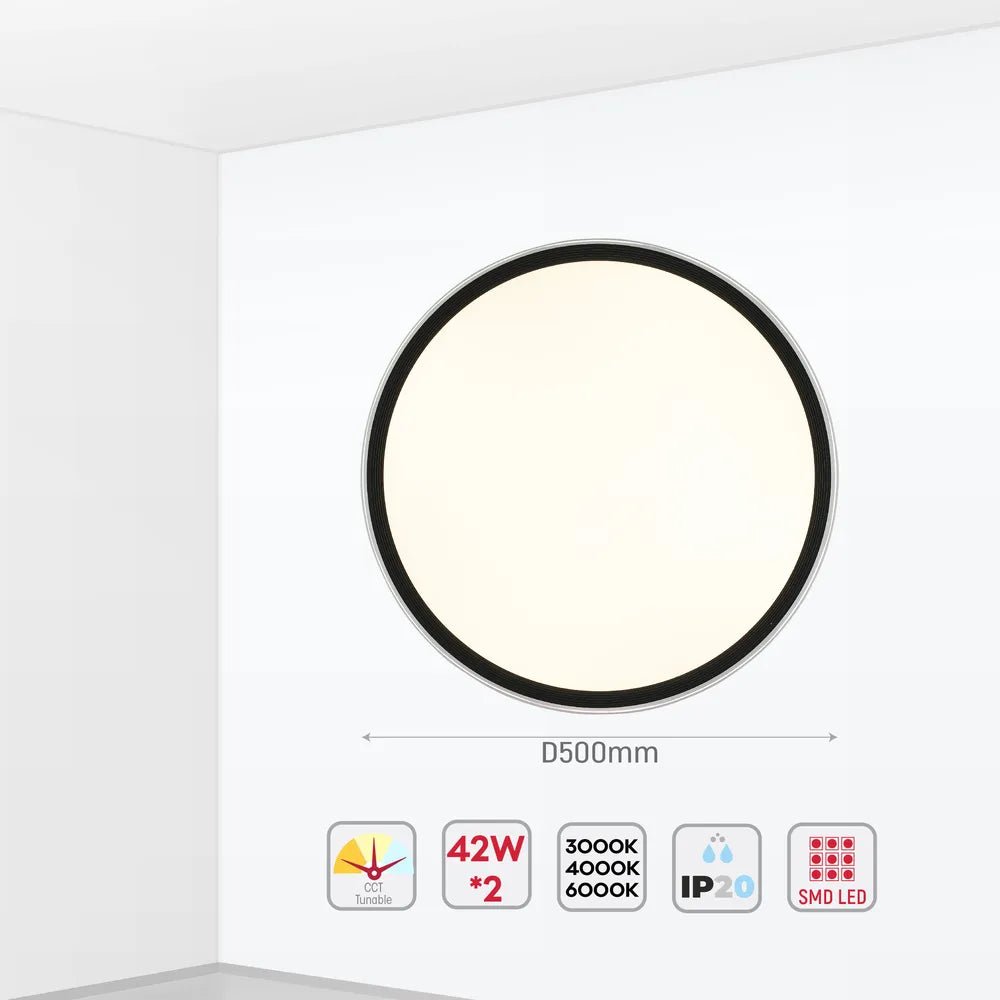 Size and technical specs of the LED Flush Ceiling Light Black D500 6000K/4000K/3000K 42Wx2(TEKLED)-165-16027