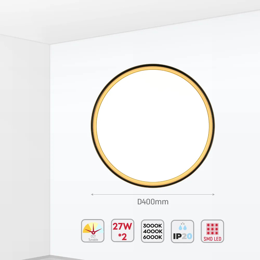 Size and technical specs of the LED Flush Ceiling Light Black Gold D400 6000K/4000K/3000K 27Wx2(TEKLED)-165-16006