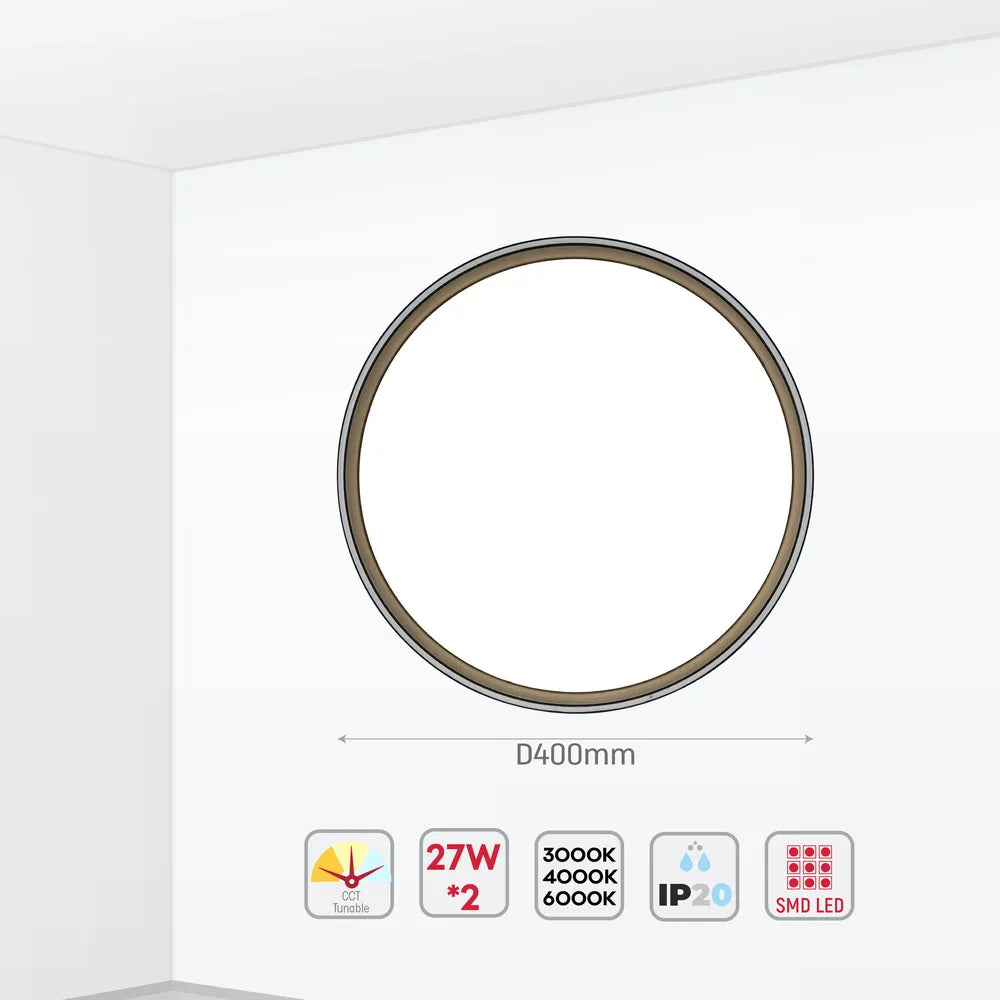 Size and technical specs of the LED Flush Ceiling Light Silvery Black D400 6000K/4000K/3000K 27Wx2(TEKLED)-165-16010