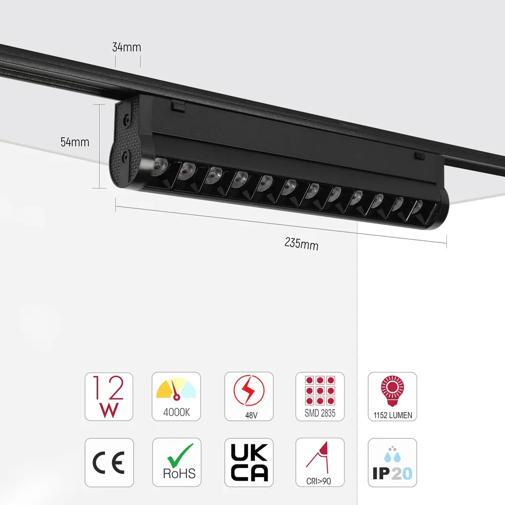 Size and technical specs of the LED Magnetic Adjustable Track Light 12W 48V Black 4000K(TEKLED)-169-03106-169-03106