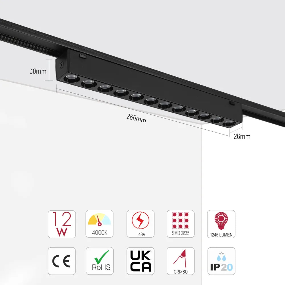 Size and technical specs of the LED Magnetic Track Light 12W 48V Black 4000K(TEKLED)-169-03109-169-03109