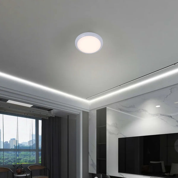 LED Flush Ceiling Light in a modern hallway, featuring a sleek white rim and adjustable color temperature for a stylish touch.118-03616