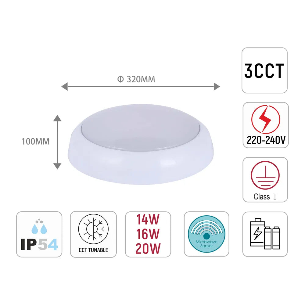 Size and technical specs of the LED Paladin Bulkhead 14-16-20 W 3CCT IP54 with White Rim-118-03622