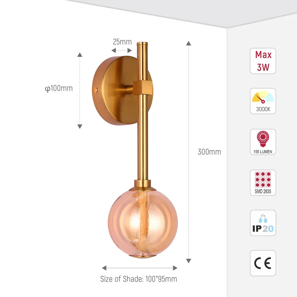 Size and technical specs of the LED Wall Light 39308-1A Clear Glass 3000K(TEKLED)-151-20046-151-20046