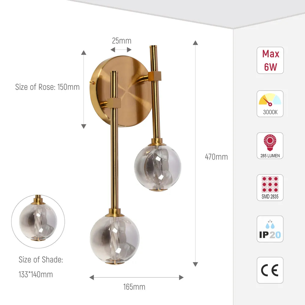 Size and technical specs of the LED Wall Light 39308-2B Clear Glass 3000K(TEKLED)-151-20052-151-20052