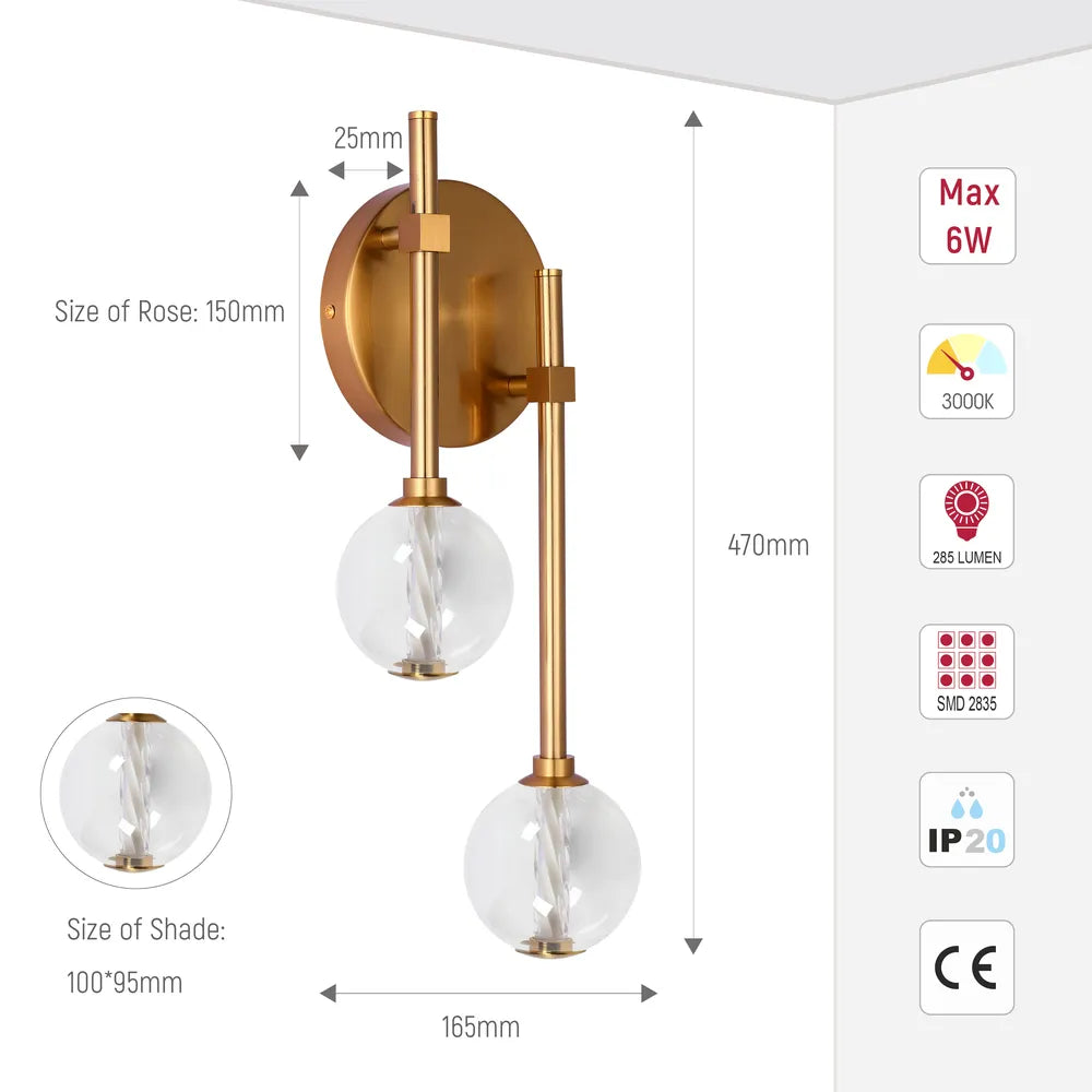 Size and technical specs of the LED Wall Light 39308-2C Clear Glass 3000K(TEKLED)-151-20044-151-20044