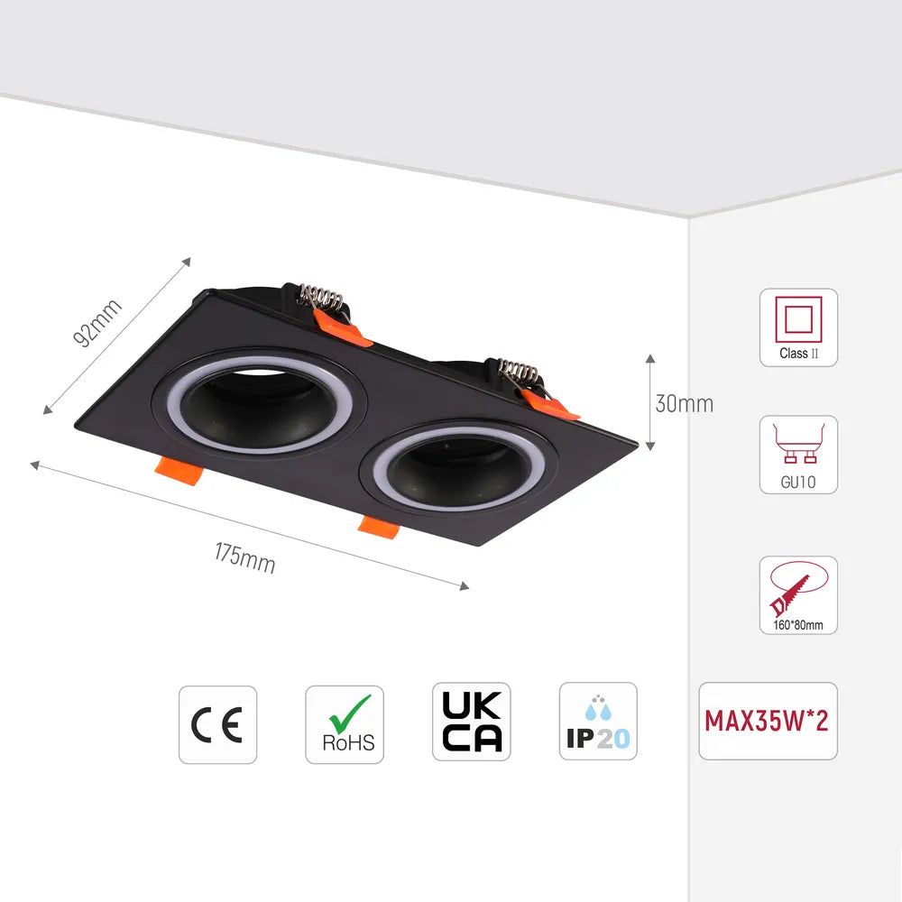 Size and technical specs of the Low UGR Fixed Recessed GU10 Downlighter Square-143-03402