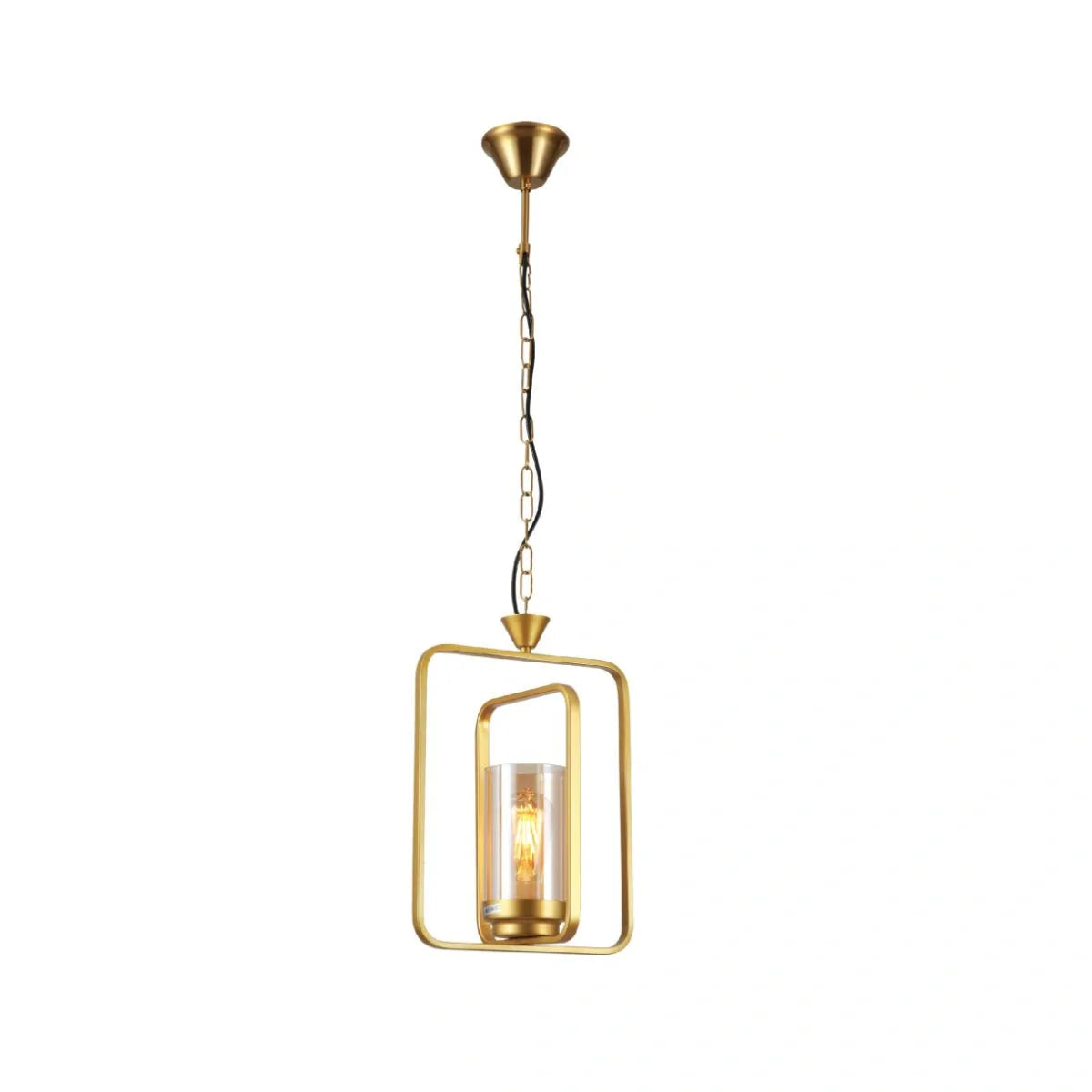 Главное изображение подвесного светильника с золотой металлической решеткой и янтарным стеклом, идеального для современного интерьера.