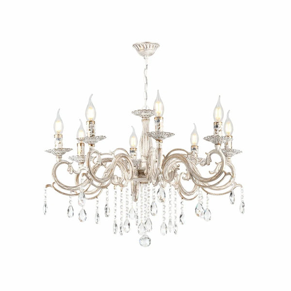 Главное изображение традиционной хрустальной люстры с 8 руками, идеально подходящей для винтажного декора гостиной.