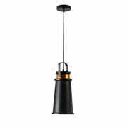 Основное изображение черного металлического подвесного светильника с золотыми акцентами, идеально подходящего для кафе или баров в индустриальном стиле.