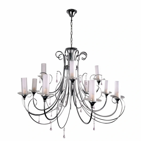 Основное изображение 12-ручной хрустальной люстры с опаловым цилиндрическим стеклом, идеальной для гостиных в современном стиле.