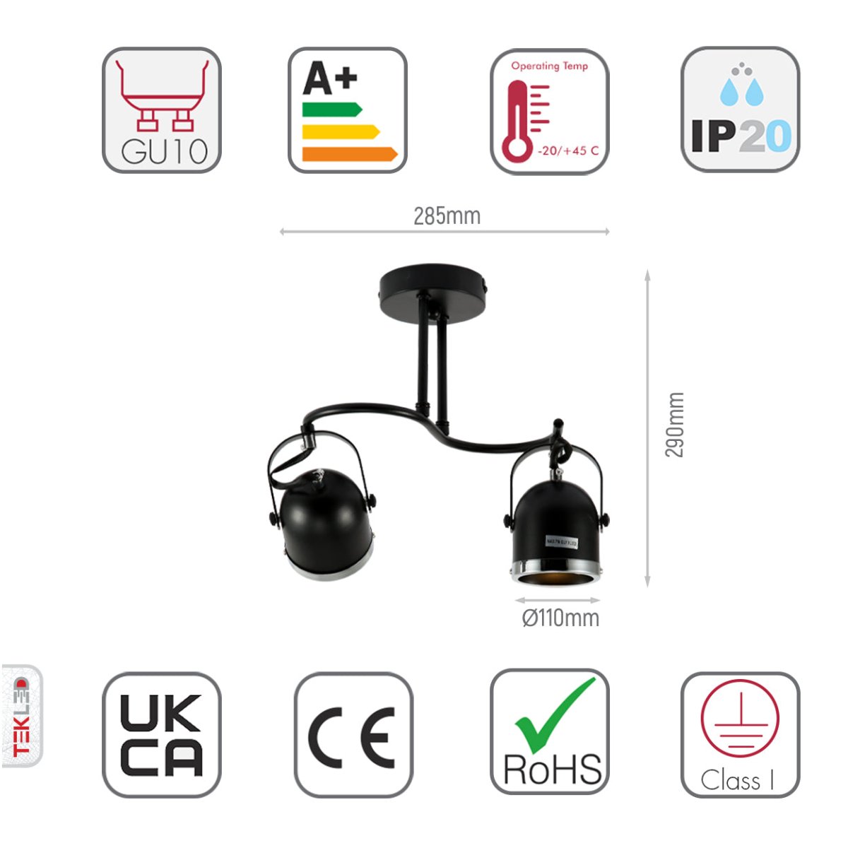 Size and specs of 2-way Spotlight Black and Chrome S shape with GU10 Fitting | TEKLED 172-03104