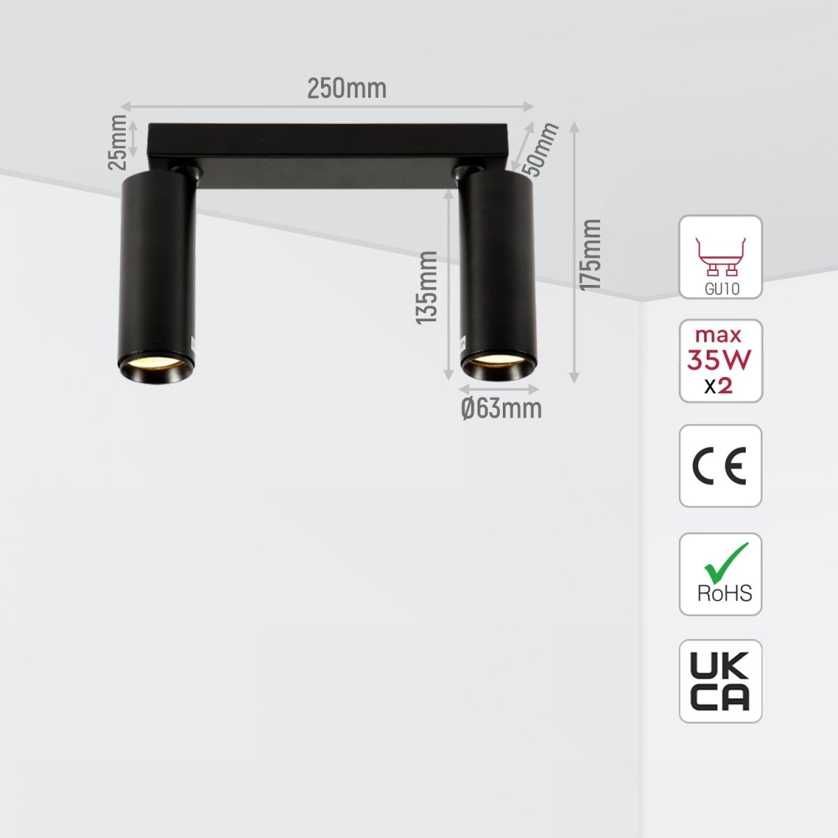 Size and specs of 2 Way Virmo Long Rod Spotlight with GU10 Fitting Black | TEKLED 172-03090