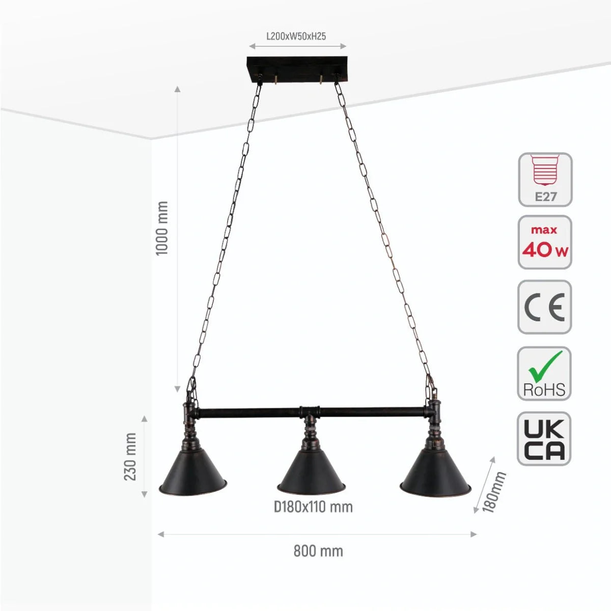 Технические характеристики черной металлической воронкообразной люстры для кухни с 3-х E27, размеры и сертификаты.