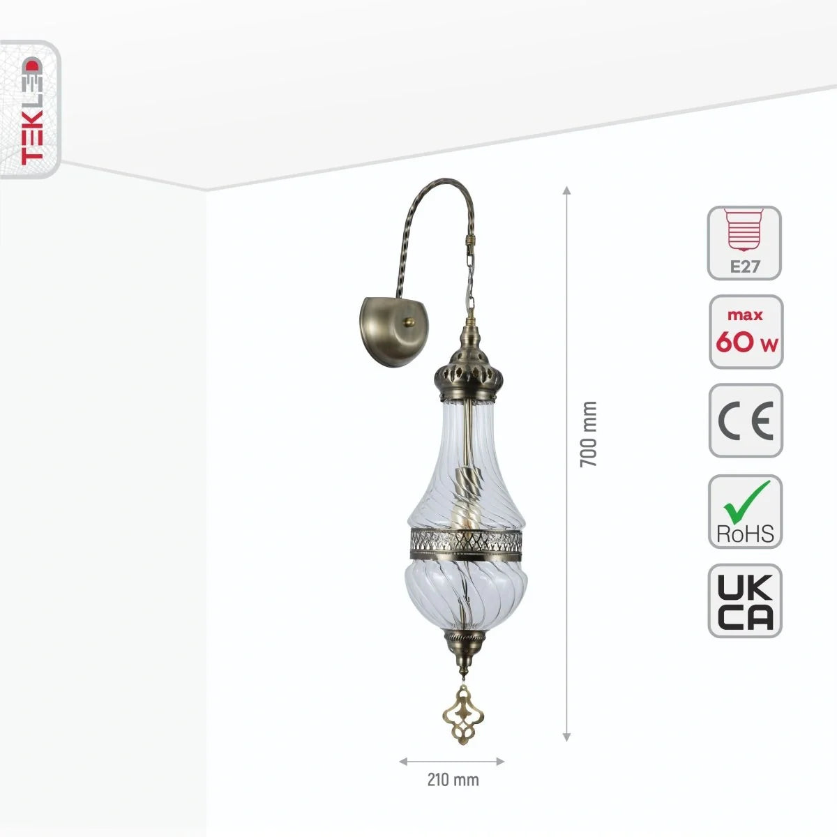 Технические характеристики настенного светильника в марокканском стиле с прозрачным стеклом и бронзовым корпусом, E27.