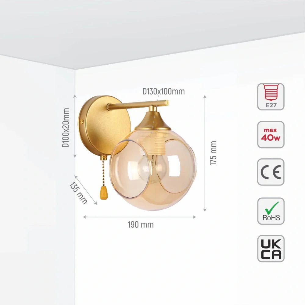 Техническая информация настенного светильника с открытым глобусом из янтарного стекла и золотой отделкой, с параметрами E27 и переключателем.