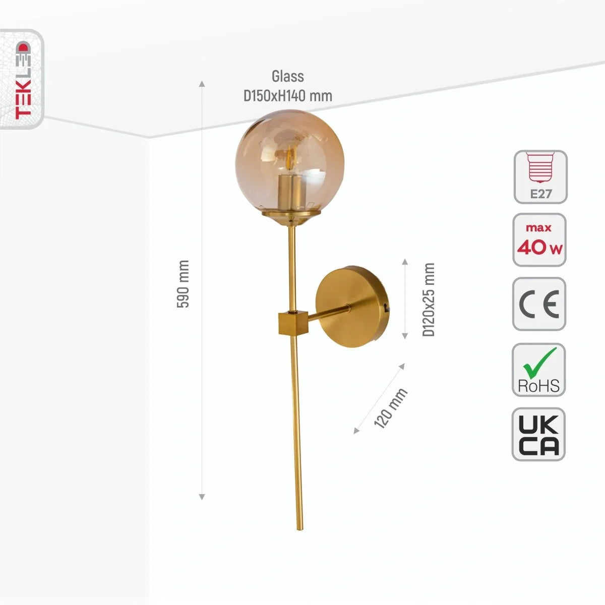 Технические характеристики настенного светильника с янтарным стеклом и золотым металлом, размеры и параметры E27.