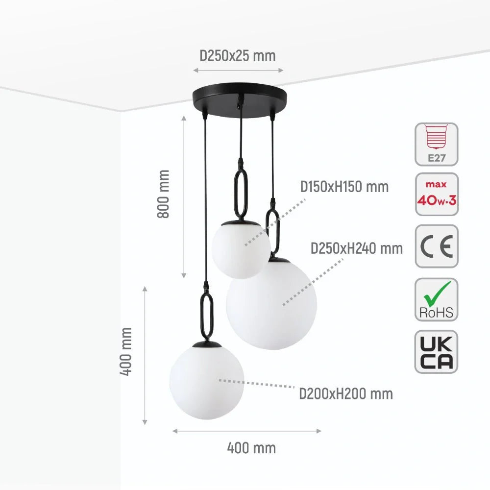 Технические характеристики трехподвесного светильника с черной ручкой и опаловыми стеклянными глобусами с креплениями E27.