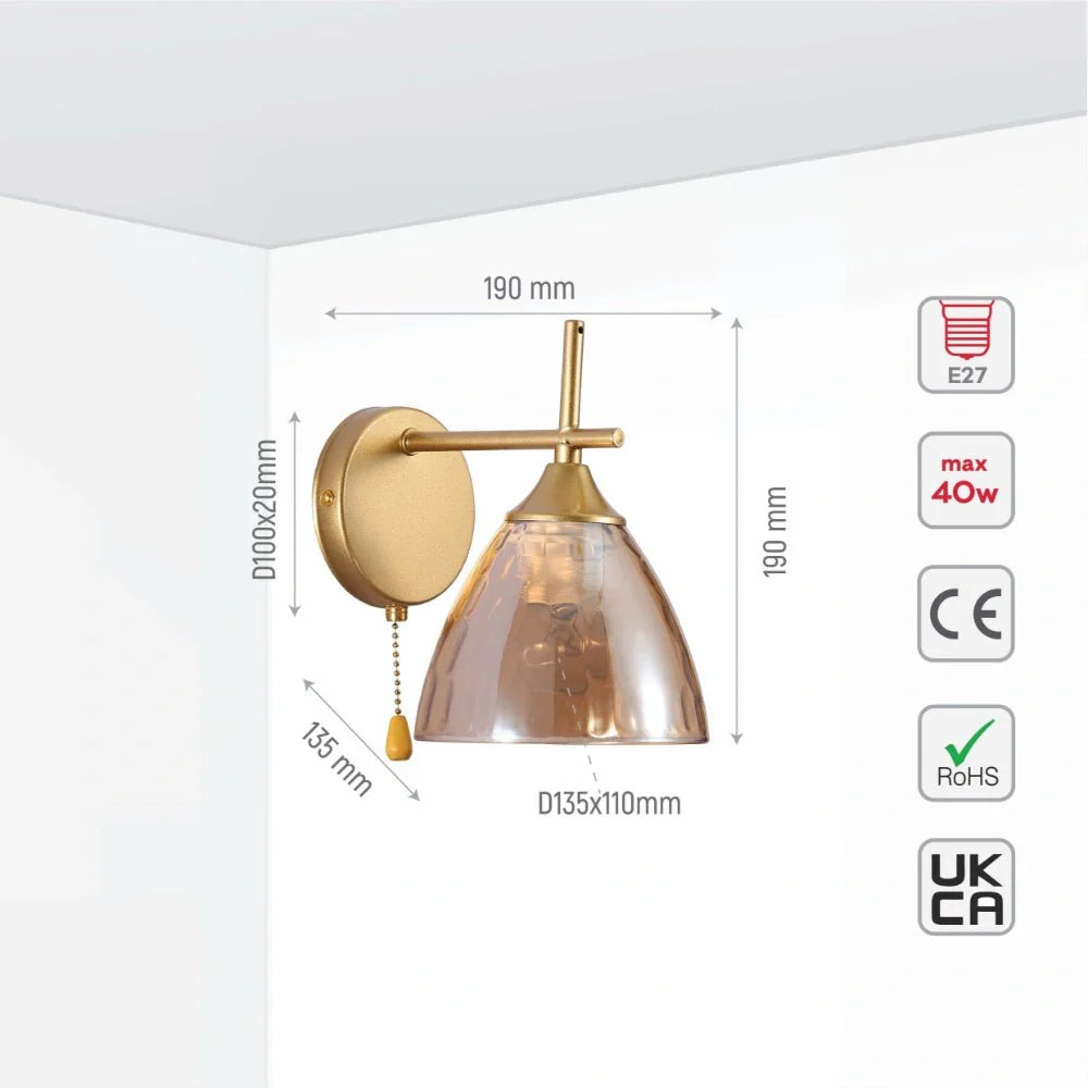 Технические характеристики настенного света из янтарного стекла с золотистой отделкой и выключателем, идеально подходит для современного интерьера.