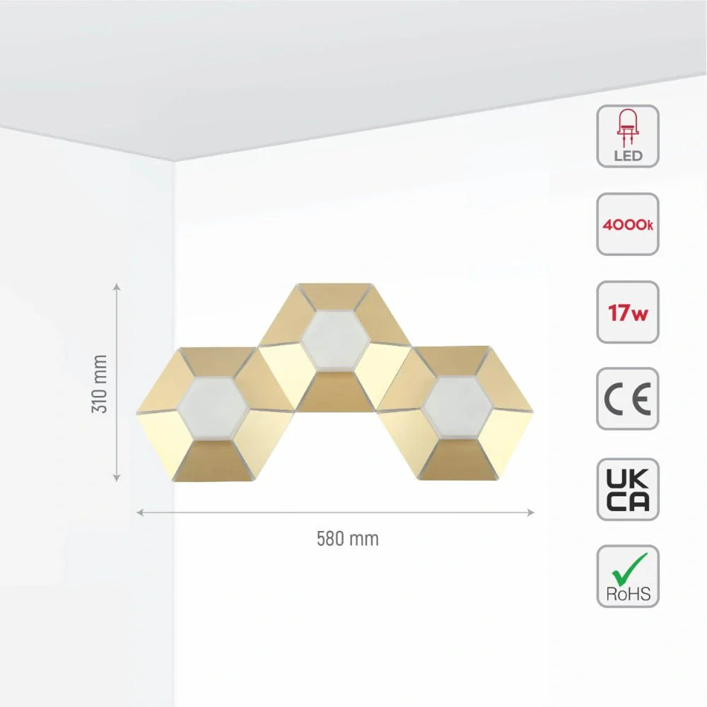 Технические характеристики тройного настенного светильника Honeycomb с золотистым опалом, мощность 17Вт, цветовая температура 4000K.