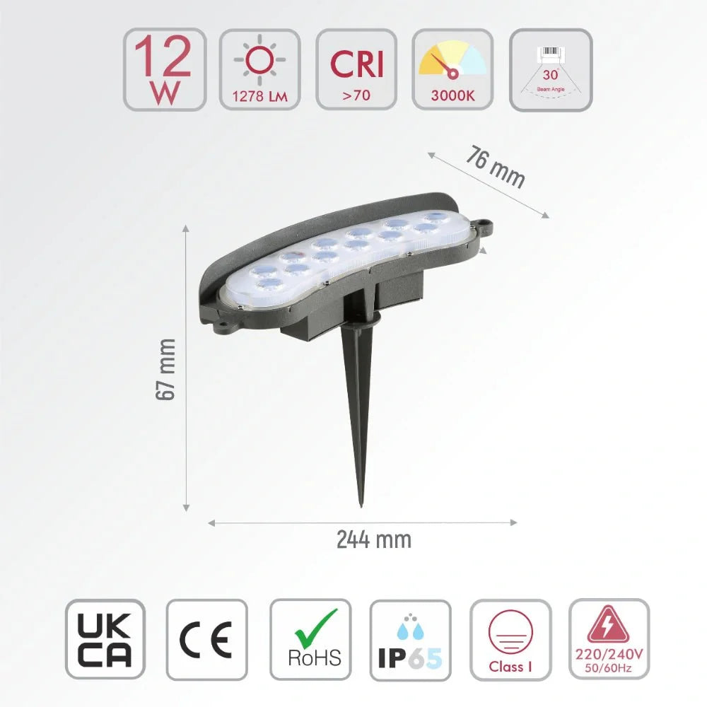 Технические параметры светодиодного прожектора 12Вт, 3000K, для наружного освещения в современном ландшафтном дизайне.