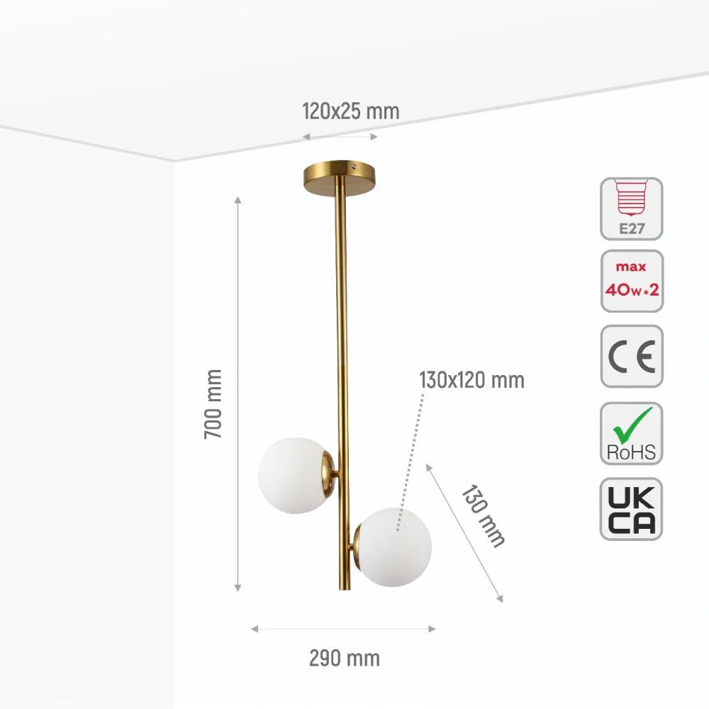 Технические характеристики потолочного светильника с вертикальными опаловыми шарами и золотым металлическим корпусом, 2xe27.