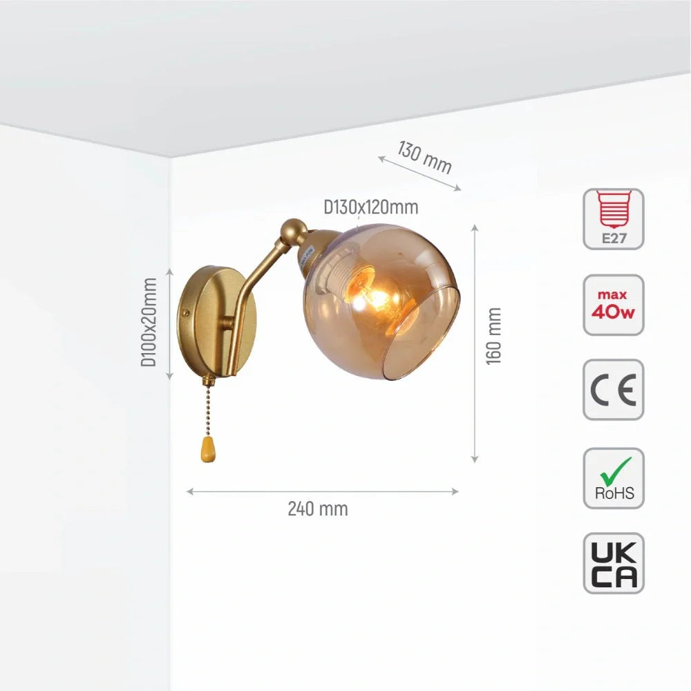 Технические характеристики настенного света с золотой рамой и янтарным стеклом, E27, с функцией pull-down переключателя.