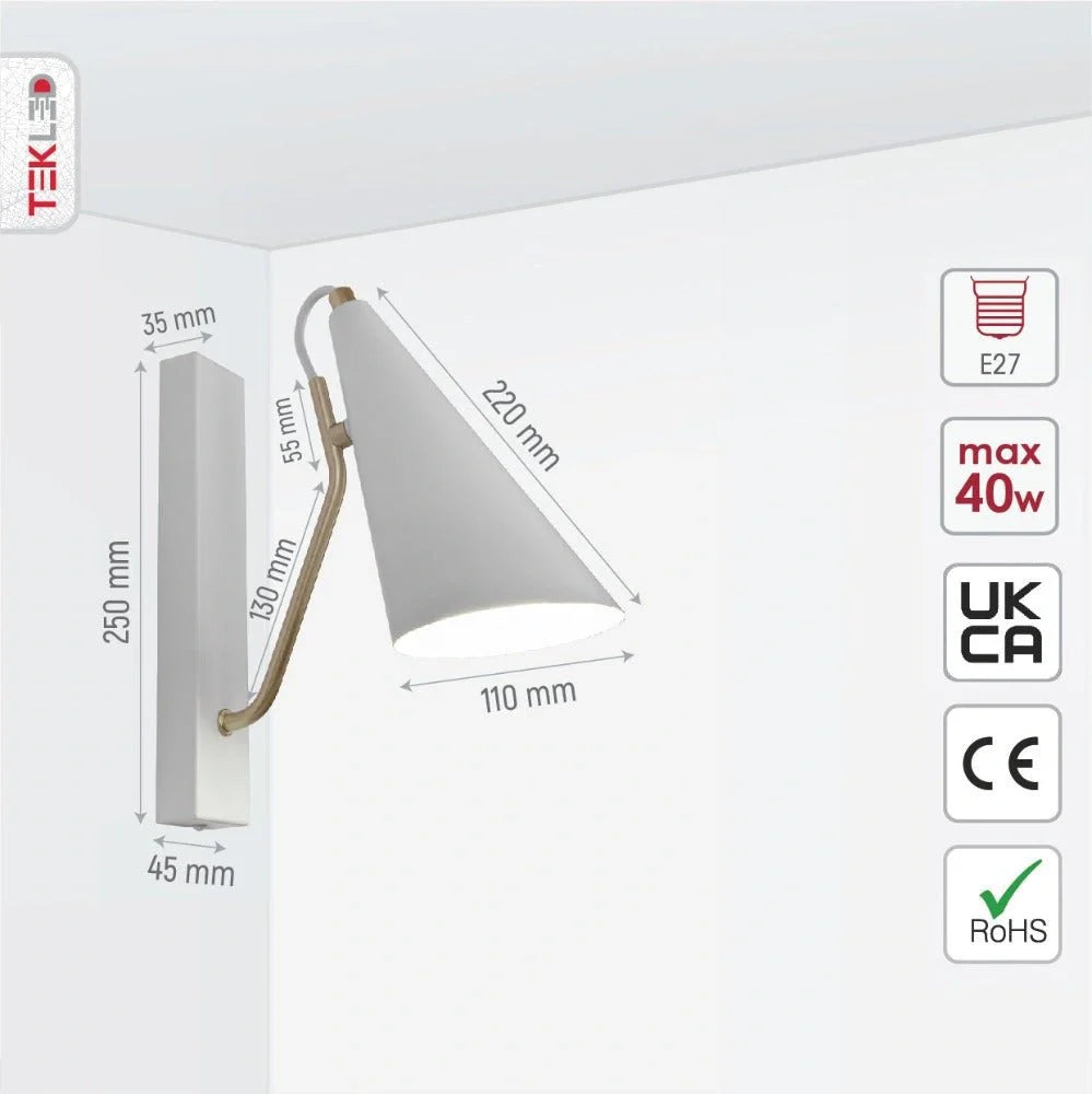 Технические характеристики белого металлического конусного настенного светильника с патроном E27, размеры и voltage.
