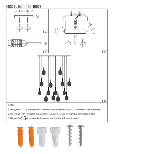 Технический чертеж многосекционной потолочной лампы, детальные размеры и указания по установке, идеально подходит для современных интерьеров.