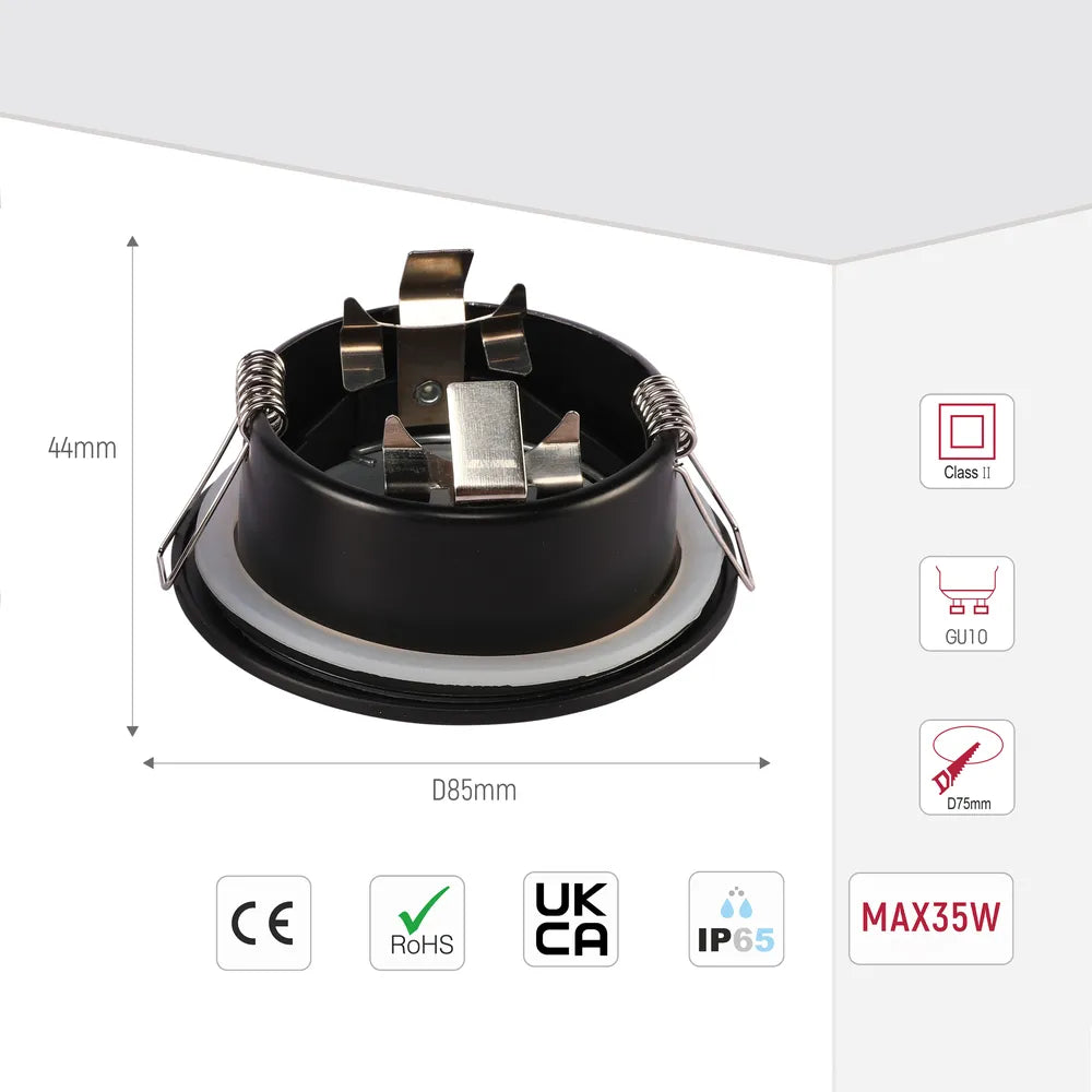 Size and technical specs of the Recessed IP65 GU10 Downlight with Junction Box – Black/White-143-03406