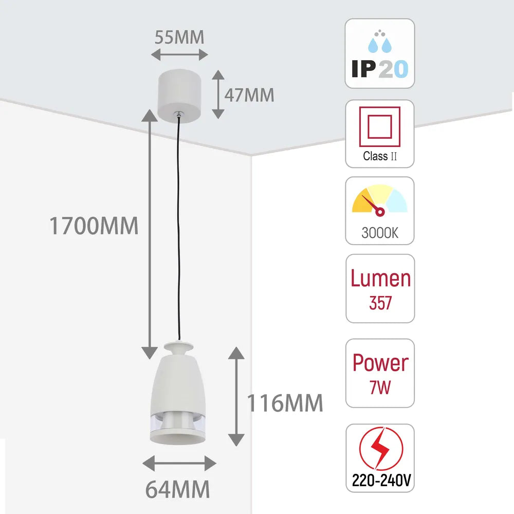 Size and technical specs of the Sentinel LED Pendant Downlight with Polycarbonate Ring Diffuser 7W Warm White-150-19078