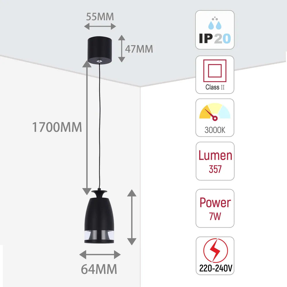 Size and technical specs of the Sentinel LED Pendant Downlight with Polycarbonate Ring Diffuser 7W Warm White-150-19080