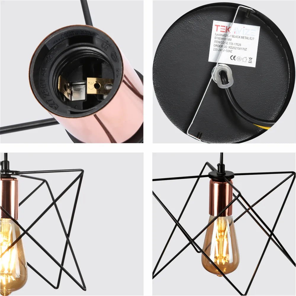 Close shot of the Star Cage Pendant Light with Rose Gold Accent and Black Metal Frame-159-17026