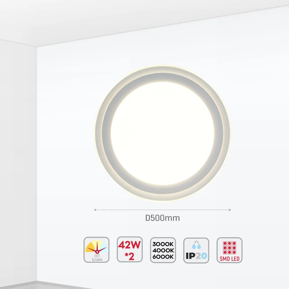 Size and technical specs of the Step LED Flush Ceiling Light White D500  6000K/4000K/3000K 42Wx2(TEKLED)-165-16004