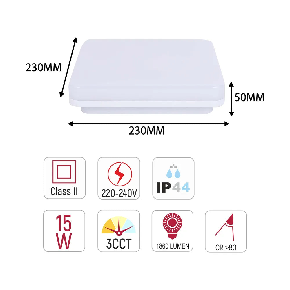 Size and technical specs of the Svet-k LED NIKA SQUARE 15W 3CCT  IP44 (TEKLED)-118-033891