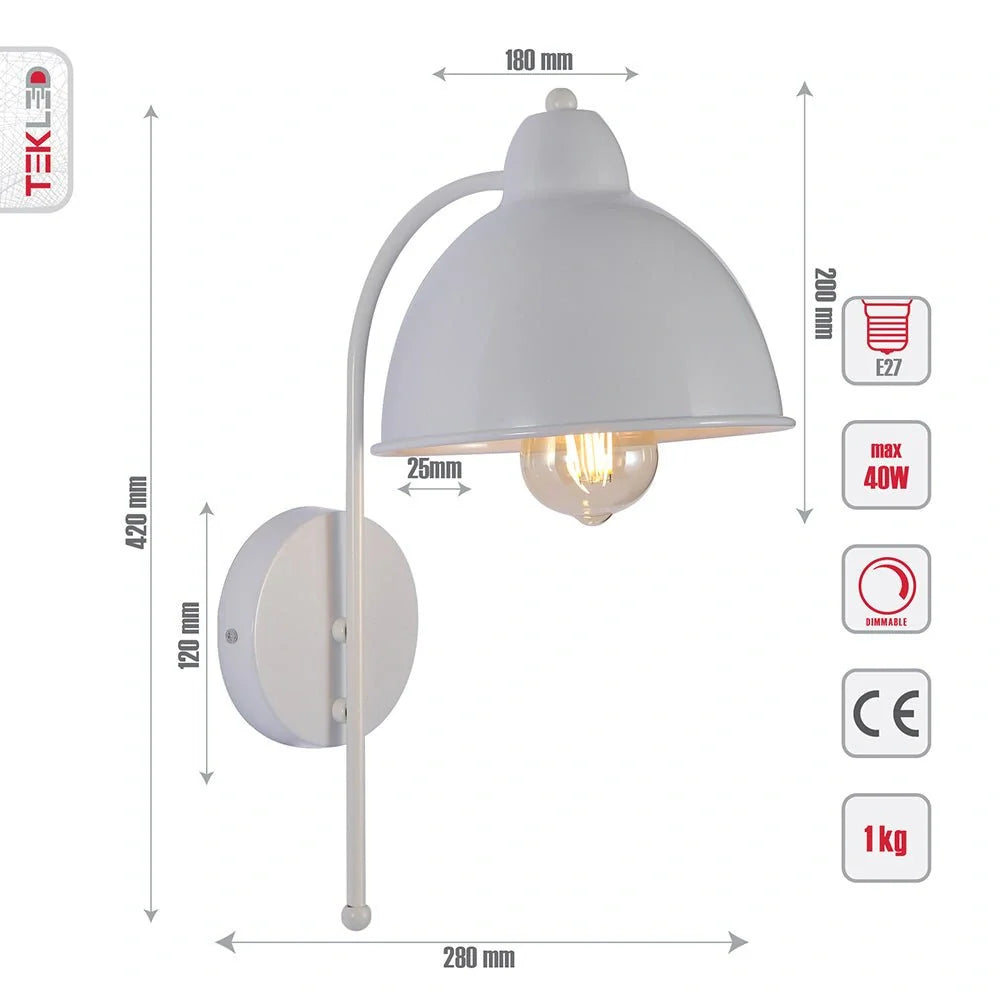 Технические параметры белого металлического настенного светильника с куполом E27, размеры и спецификации.