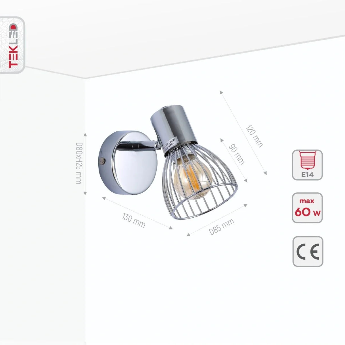 Технические параметры настенного освещения с хромированной металлической решеткой и лампой E14, идеально подходящими для современных интерьеров.