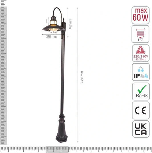 Технические характеристики фонаря с золотистым абажуром и матовым черным основанием, высота 2,45 м, идеально для городской эстетики.