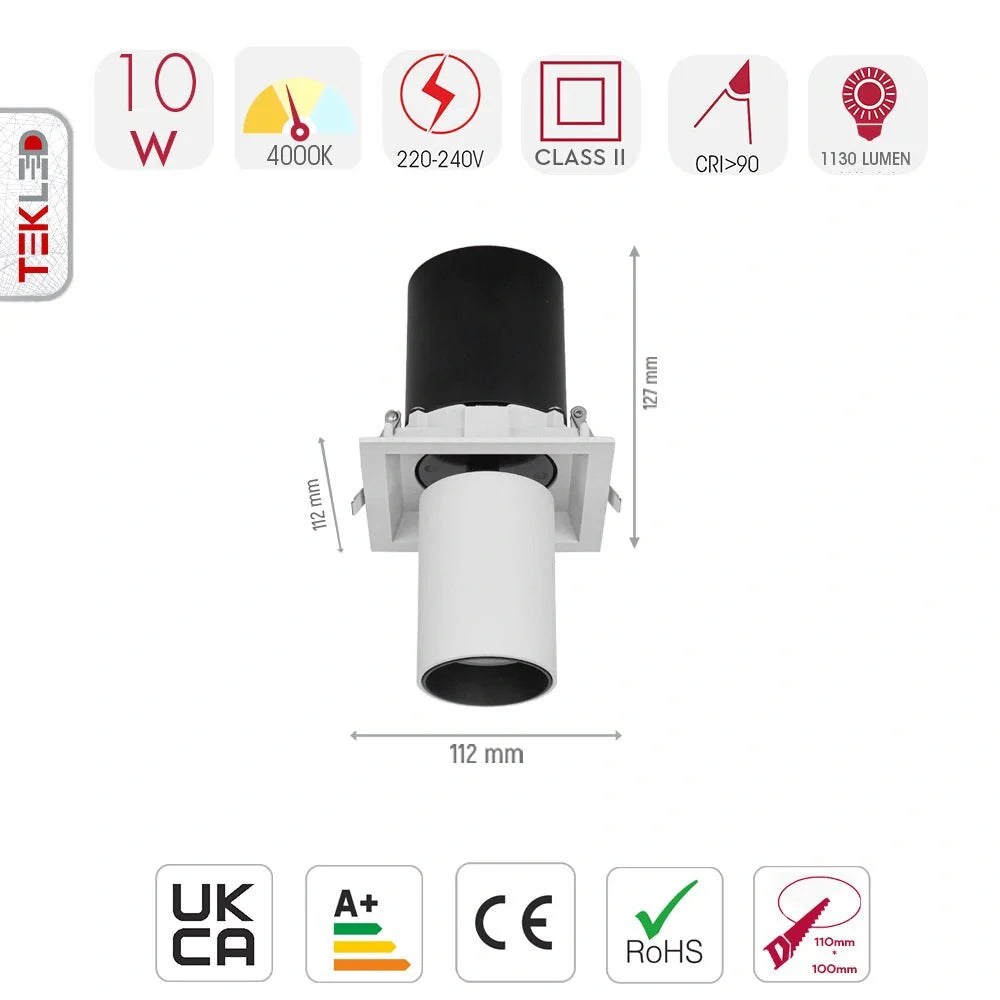 Технические характеристики встроенного светильника с регулировкой, 10 Вт, холодный белый 4000K, идеален для современного интерьера.