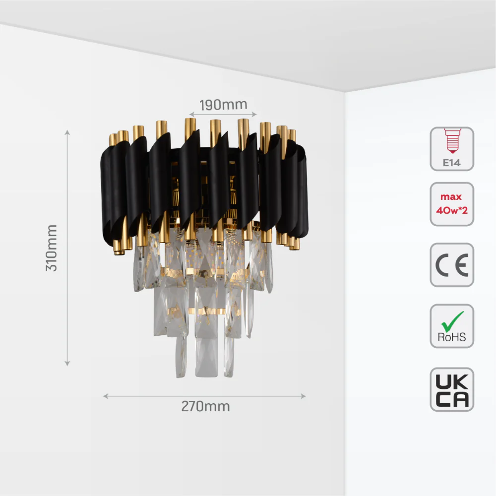Трехуровневая кристаллическая настенная бра с черно-золотым дизайном, идеально подходит для роскошного интерьера гостиной или спальни.