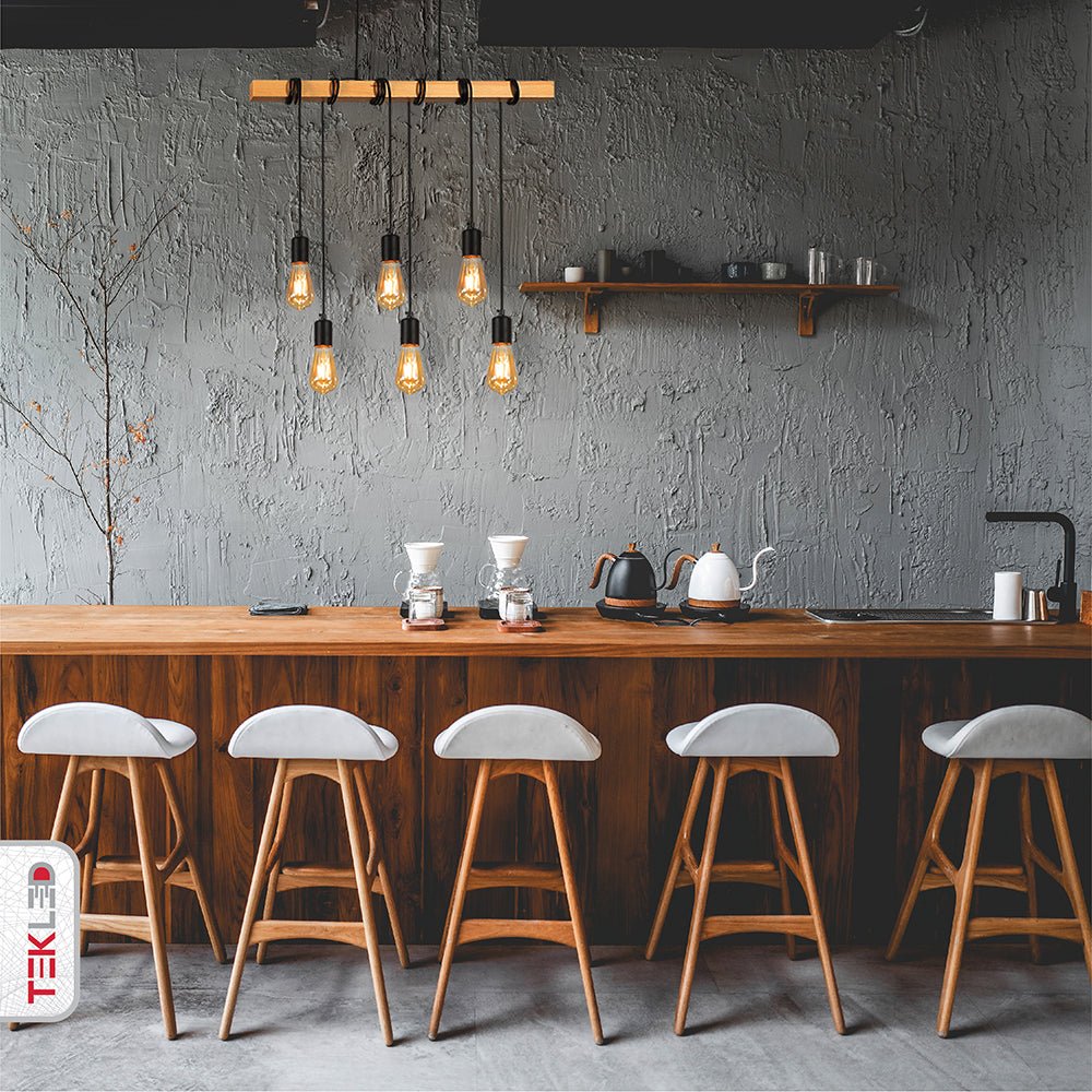 Timber wood rod dropping chandelier with 6xe27 fitting in indoor setting cafe bar top