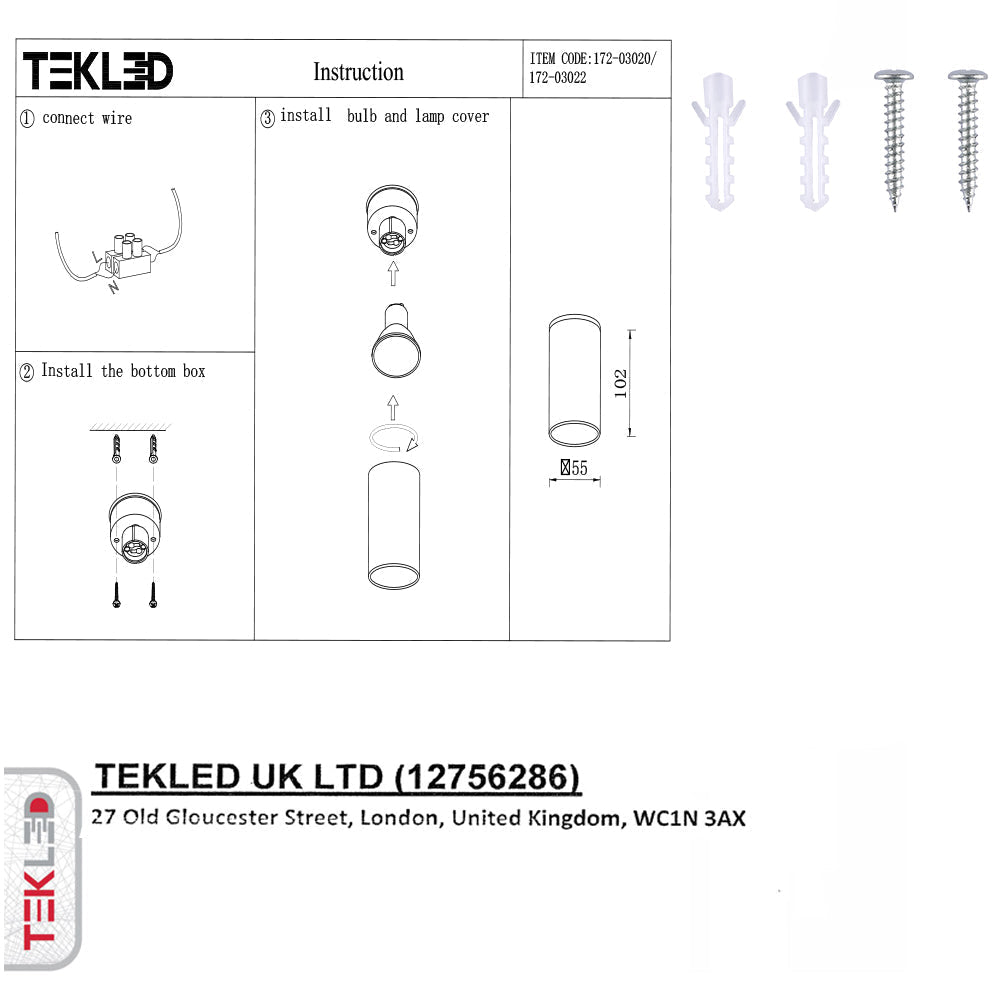 User manual for Cyclinder Downlight Black Surface Mount with GU10 Fitting | TEKLED 172-03020