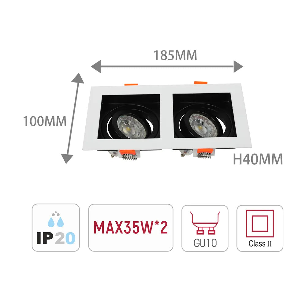 Size and technical specs of the Valiant Tiltable Square GU10 Downlight-143-03444